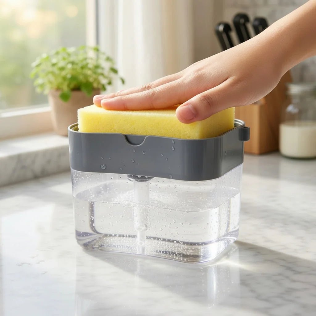 Distributeur de Savon à Vaisselle avec Porte - Éponge – Pompe à Savon Liquide 2 en 1 pour Cuisine - SmartDeals